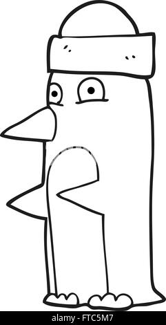 freihändig gezeichnet schwarz / weiß Cartoon Pinguin Hut Stock Vektor