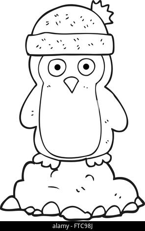 freihändig gezeichnet schwarz / weiß Cartoon Pinguin Hut Stock Vektor