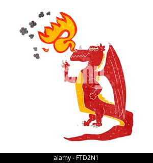 Freihand Retro cartoon glücklichen Drache Feuer zu speien Stock Vektor