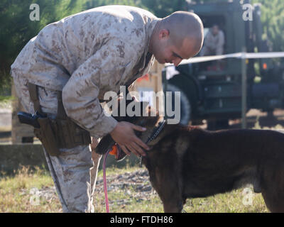 151026-M-AW179-221 KÖRMEN, Türkei (26. Oktober 2015) – US-Marine CPL Josue E. Robles, ein militärischer Arbeitshund Handler mit dem 26. Marine Expeditionary Unit (MEU) Haustiere eine Bekämpfung Fährtenhund mit MEU, während der Durchführung einer Demonstration militärischer Arbeitshund für die türkische Marine und Seeleute während der Übung Egemen 2015 Okt. 26. Egemen ist eine türkische geführt und gehostete amphibische Übung zur Steigerung taktischen Fertigkeiten und Interoperabilität zwischen den Teilnehmern. (Foto: U.S. Marine Corps CPL. Joshua W. Brown/freigegeben) Stockfoto