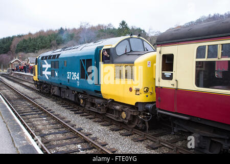Klasse 37 Diesel Lokomotive 37264 einen Personenzug auf der North York Moors Railway an Levisham Station in Betrieb Stockfoto