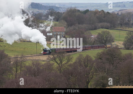 Flying Scotsman Dampflokomotive schleppen ein Bummelzug durch das Tal des North York Moors Railway März 2016 Stockfoto