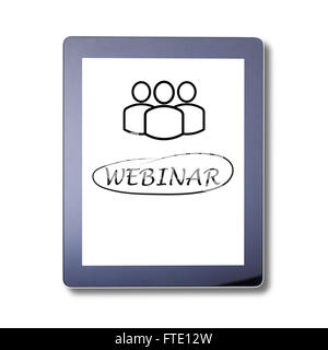 Webinar-Wort auf Tablet, isoliert. Einladung zum Webinar wird auf dem Tablet Skreen geschrieben. Webinar-Online-Seminar Global Kommunikationskonzept. Stockfoto