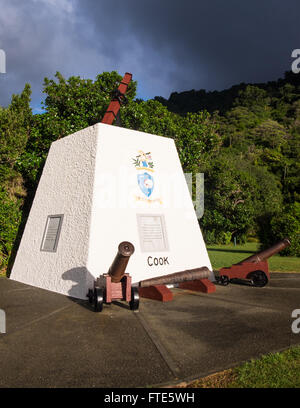 Das Denkmal von Captain Cook Schiffs Cove in den Marlborough Sounds, Neuseeland. Stockfoto