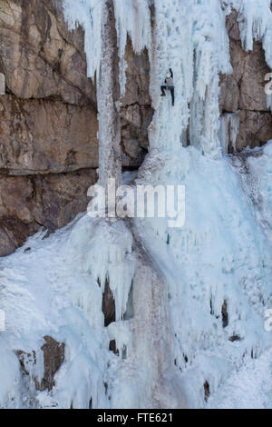 Eiskletterer klettert eine Route genannt In the Pink bewertete WI5 in Ouray Colorado Stockfoto