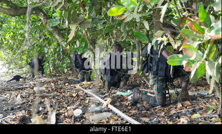 160322-A-VY429-001 Idenau, Cameroun (21. März 2016) kamerunischen und nigerianischen Special Forces Gruppen zusammenarbeiten, während Obangame/Sahara Express 2016 (OESE16). Obangame/Sahara-Express, eine der drei afrikanische regionale ausdrückliche Serie Übungen erleichtert durch US Marine zwingt Europa-Afrika/US 6. Flotte soll regionale Zusammenarbeit, maritimen Bereich Bewusstsein, Informationsaustausch Praktiken zu erhöhen und verbessern Interoperabilität zwischen den teilnehmenden Kräfte um maritime Sicherheit und wirtschaftliche Stabilität in der Region zu verbessern. (Foto: U.S. Army SSG Lea Anne Cuatt/freigegeben) Stockfoto