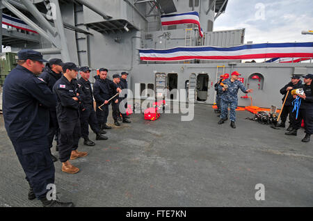 131112-N-PE825-051: BATUMI, Georgien (12. November 2013) – georgischen Küste Gardisten Hände auf Schadensbegrenzung Ausbildung von Seeleuten zugewiesen 6. Flotte Flaggschiff USS Mount Whitney (LCC-20), während ein Hafen zu besuchen, nach Batumi, Georgien in die USA erhalten. Mount Whitney, Gridley in Gaeta, Italien, ist derzeit im Gange zur Unterstützung der Sicherheit im Seeverkehr Operationen und Sicherheitsbemühungen Zusammenarbeit Theater in den USA 6. Flotte Einsatzgebiet. (Foto: U.S. Navy Mass Communication Specialist 1. Klasse Collin Turner/freigegeben) Stockfoto