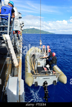 Dieses Bild zeigt Seeleute an Bord der USS Nitze (DDG 94), während sie im Indischen Ozean ein Starrrumpf-Schlauchboot (RHIB) auf das Schiff heben. Der Zerstörer unterstützt maritime Sicherheitseinsätze im Gebiet der 6. US-Flotte. Stockfoto