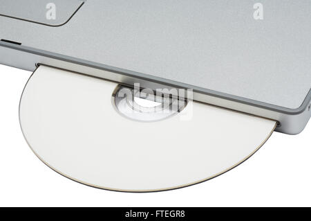 CD-ROM-Laufwerk in modernen Notebook auf weißem Hintergrund Stockfoto