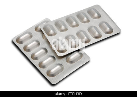 Zwei Packungen von modernen Tabletten auf weißem Hintergrund Stockfoto