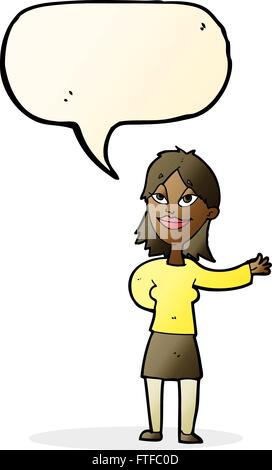 Cartoon-Frau Gestikulieren um etwas mit Sprechblase anzeigen Stock Vektor