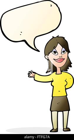 Cartoon-Frau Gestikulieren um etwas mit Sprechblase anzeigen Stock Vektor