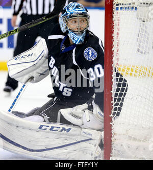 Tampa, Florida, USA. 28. März 2016. DIRK SHADD | Zeiten. Tampa Bay Lightning Torwart Ben Bischof (30) im Netz gegen die Toronto Maple Leafs in der Periode in der Amalie Arena in Tampa am Montag Abend (28.03.16). Nach zwei Perioden hat Bischof sind 27 spart wie der Blitz, 3-0 mit nur 14 Aufnahmen. © Dirk Shadd/Tampa Bay Times / ZUMA Draht/Alamy Live News Stockfoto