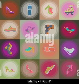 Schuhe für alle Gelegenheiten auf nahtlose Hintergrund. Vektor-flache Icon-Set und Illustrationen Stock Vektor