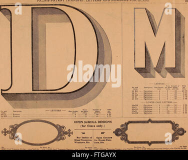 In diesem illustrierten Musterbuch (1901) werden Palms Patent-Transferbriefe sowie Ornamente und Handelsdesigns für Schilder, Wagen, Autos und Maschinen gezeigt, einschließlich einer Preisliste für diese Artikel. Stockfoto