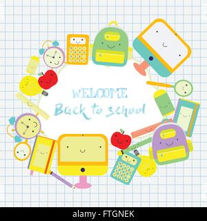 Zurück zu Schule unter dem Motto Rahmen Text. Zurück zu Schule Hintergrund mit Bildung Symbole. Stock Vektor