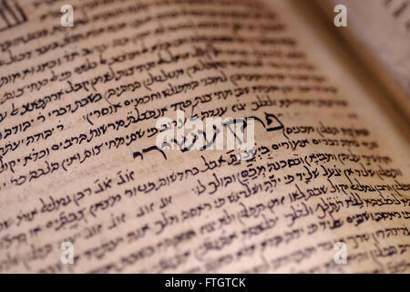 Jerusalem, Israel. Am 28. März 2016. Detail einer hebräischen Manuskript des Maimonides' Kommentar zur Mischna, die erste große Arbeit der rabbinischen Literatur aus dem 11. Jahrhundert an der Israel National Library auf dem Givat Ram Campus der Hebräischen Universität in Jerusalem am 28. März 2016 angezeigt. Die nationale Bibliothek von Israel ist, die Bibliothek zu sammeln die kulturellen Schätze von Israel und der jüdischen Erbes. Die Bibliothek verfügt über mehr als 5 Millionen Bücher und besitzt weltweit größten Sammlungen von Hebraica und Judaica, und ist das Repository der vielen seltenen und einzigartigen Handschriften. Stockfoto