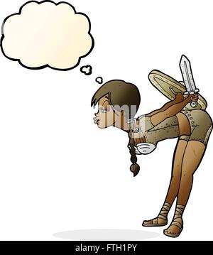 Cartoon-Viking Mädchen verbeugte sich mit Gedankenblase Stock Vektor