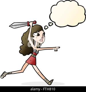 Cartoon-Viking Mädchen mit Schwert mit Gedankenblase Stock Vektor
