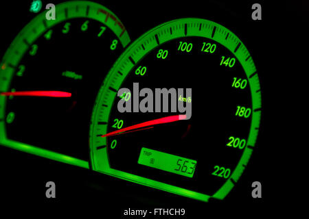 MOTOMETER und Tacho grün hervorgehoben in einem Auto in der Nacht Stockfoto