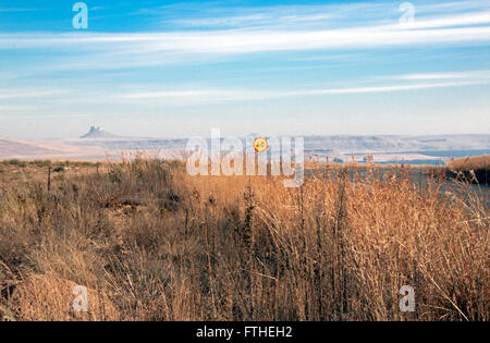 Straße mit Tempolimit Schild schlängelt sich durch trockene Winterlandschaft Stockfoto