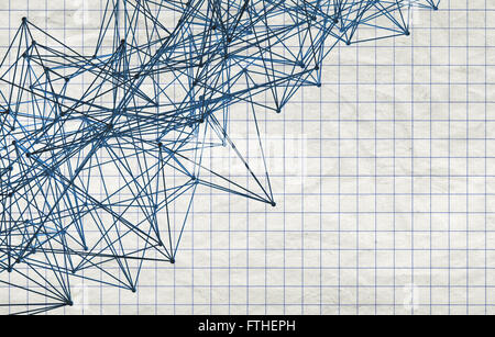 Abstrakte Draht Rahmen Gitter Mesh-Struktur über alte Karopapier Blatt, 3d Render-illustration Stockfoto