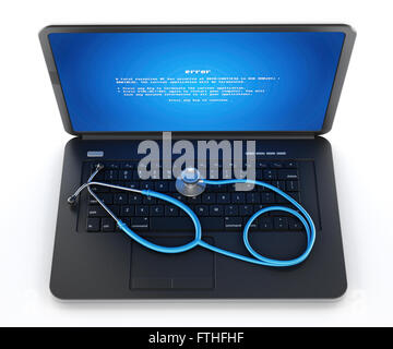 Stethoskop auf Laptop-Computer mit einem Bluescreen-Fehler auf dem Display. Stockfoto