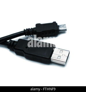 Black USB Kabel isoliert auf weißem Hintergrund closeup Stockfoto