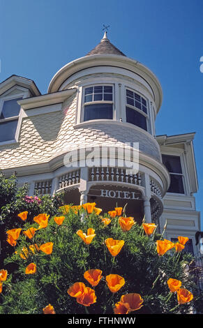 Ein historisches Hotel im viktorianischen Stil jetzt genannt das Gosby House Inn wurde seine Gäste seit mehr als einem Jahrhundert in Pacific Grove auf der Monterey-Halbinsel in Kalifornien, USA. Ein wunderbares Beispiel der 1880er Jahre Queen Anne Architektur, die 22-Zimmer Bed &amp; Breakfast Inn ist bekannt durch seine abgerundete Ecke Türmchen und Erkern. Im Vordergrund sind hell orange California Poppies, amtliche Blume der Golden State. Stockfoto