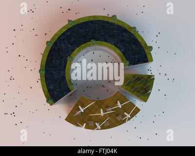 Industrie-3D-Szene mit Windmühle für Strom sparenden isoliert auf weiss Stockfoto