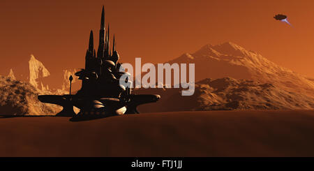 Eine zukünftige Kolonie basierend auf dem roten Planeten Mars wartet, während eine eingehende Sterne-Schiff für eine Landung hereinkommt. Stockfoto