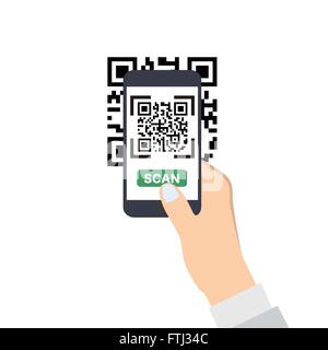 Hand, die eine Smartphone mit QR-Code scannen. Flache Stilikone Vektor. Stock Vektor