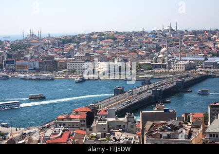 Istanbul, Türkei - 8. Juli 2015: Ansicht des berühmten Galata-Brücke über goldene Horn Bucht auf Hintergrund mit alten Stadtpanorama Stockfoto