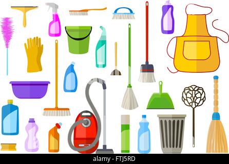 große Menge von Reinigungsmittel. flache Darstellung. Vector-Tools der Hausputz Stock Vektor