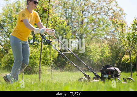 Junge Frau im Garten Rasen trimmen Rasenmäher schieben Stockfoto