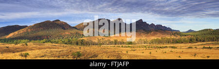 warmen Füllung Sonnenlicht beleuchtet Ebenen und Wilpena Pfund reicht von Flinders Nationalpark in South AUstralia. Wildes Leben Kängurus Stockfoto