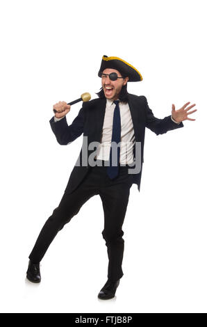 Pirate Geschäftsmann hält das Mikrofon isoliert auf weiss Stockfoto