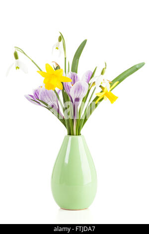 Blühenden Frühlingsblumen in kleine grüne Vase isoliert auf weißem Hintergrund Stockfoto