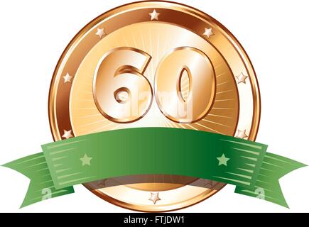 Runde Kreis geformt Metallabzeichen / Gütesiegel in Bronze look mit einem grünen Band und die Zahl sechzig. Stock Vektor