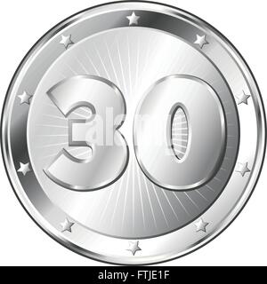 Runde Kreis geformt Metallabzeichen / Gütesiegel in Silber-Look und die Zahl dreißig. Stock Vektor