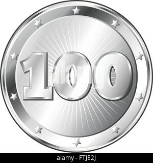 Runde Kreis geformt Metallabzeichen / Gütesiegel in Silber-Look und die Zahl hundert. Stock Vektor