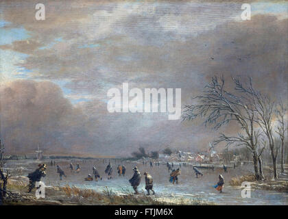 Aert van der Neer - Winterlandschaft mit Skatern auf einem gefrorenen Fluss - Hallwyl Museum Stockfoto