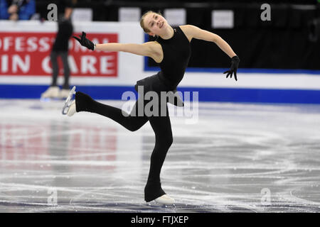 Dienstag, 29. März 2016: Angelina Kuchvalska Lettland Schlittschuhe während einer Übung bei der International Skating Union Weltmeisterschaft statt im TD Garden, in Boston, Massachusetts. Eric Canha/CSM Stockfoto