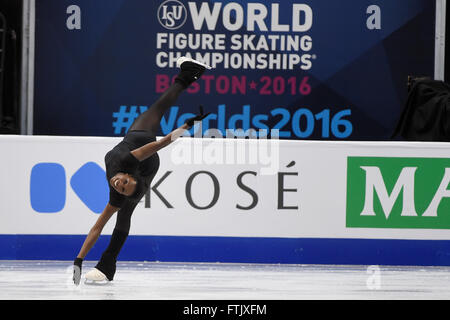 Dienstag, 29. März 2016: Mae Berenice Meite Frankreich Schlittschuhe während einer Übung bei der International Skating Union Weltmeisterschaft statt im TD Garden, in Boston, Massachusetts. Eric Canha/CSM Stockfoto