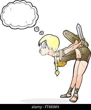 Cartoon-Viking Mädchen verbeugte sich mit Gedankenblase Stock Vektor