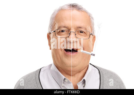 Vor und nach dem Rauchen Foto von einem fröhlichen senior Mann auf weißem Hintergrund isoliert Stockfoto