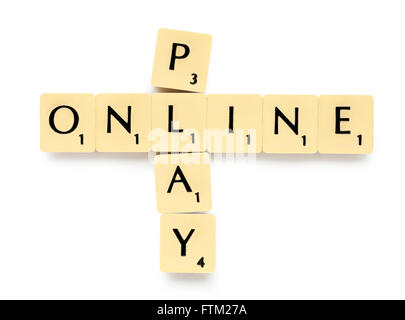 Scrabble Buchstaben Schreibweise "Play Online" Stockfoto