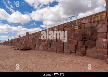 Steinköpfe, Kalasaya-Verbundmauer. (Spanisch: Tiahuanaco oder Tiahuanacu) ist eine präkolumbianische archäologische Stätte im Westen Boliviens. Stockfoto