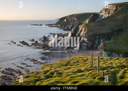 Blick entlang der Küste South Hams in Devon aus South West Coastal Path in der Nähe von Westcombe Bay Stockfoto