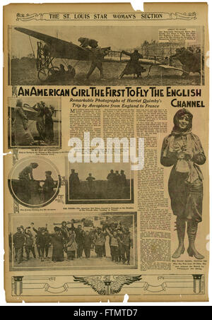 Antik-Zeitung vom 26. Mai 1912, die St. Louis Star Frau Abschnitt mit einer ganzseitigen über Harriet Quimby. Ein amerikanisches Mädchen erstmals den Ärmelkanal, bemerkenswerte Fotos Harriet Quimbys Reise mit dem Flugzeug aus England nach Frankreich zu fliegen. Stockfoto